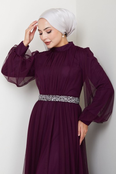 Taş Detaylı Büyük Beden Tesettür Abiye Alya - Mürdüm